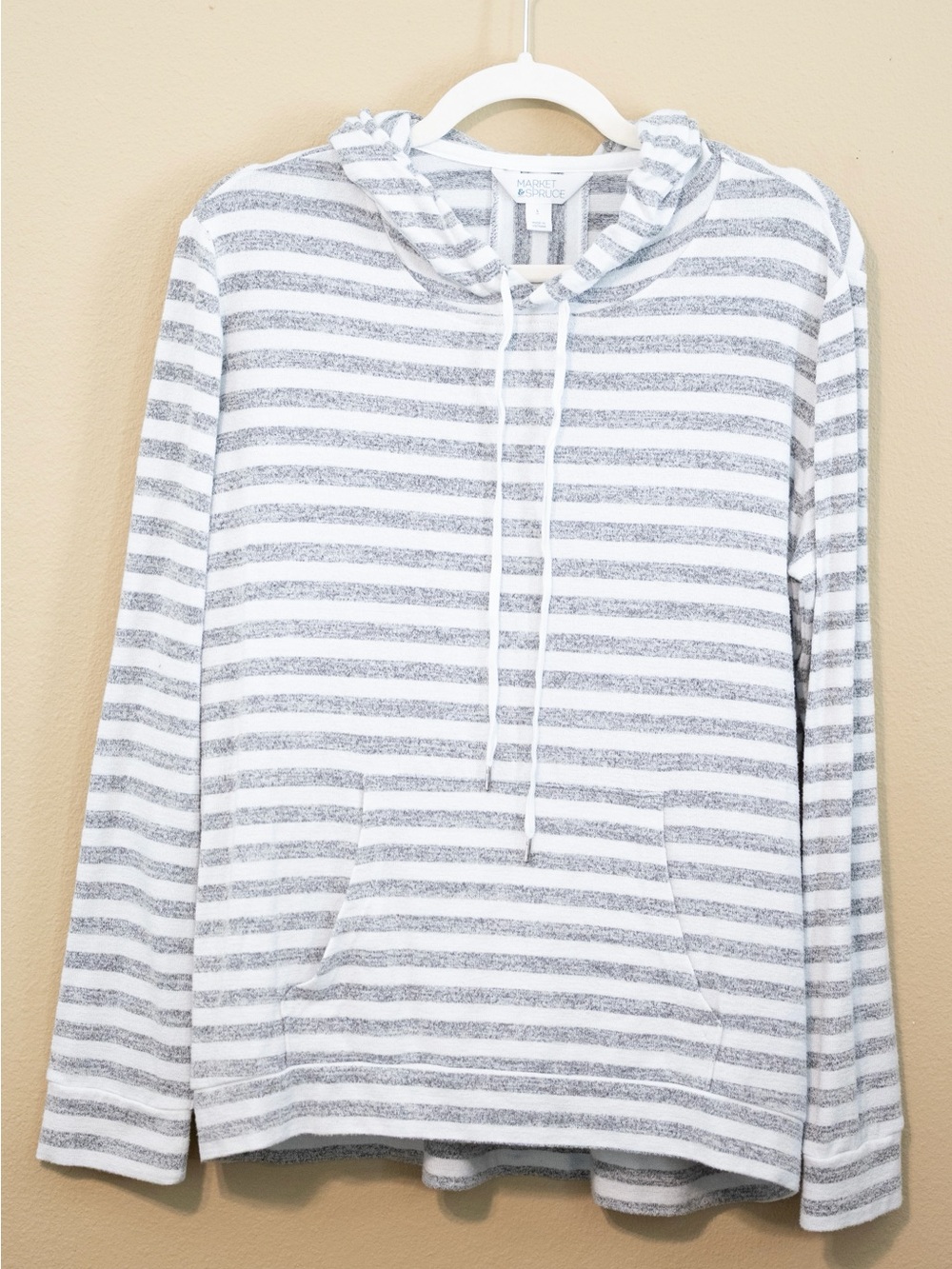 Market & Spruce Gray White Striped Hooded Pullover Top